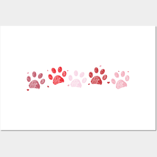 Happy Valentine's Day greeting card with red hearts and paw prints Posters and Art